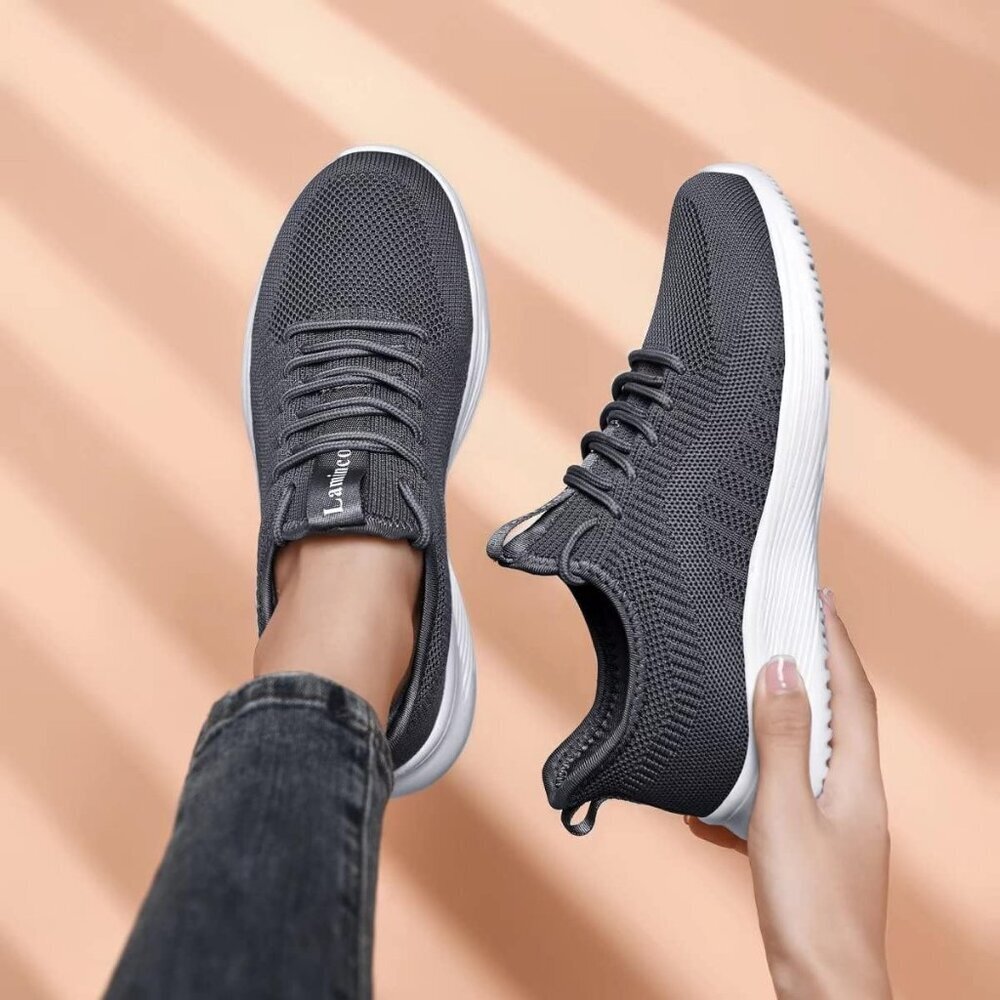 Women's Grey Non Slip Casual Running Lightweight Mesh Fashion Sneakers - Picture 2 of 6
